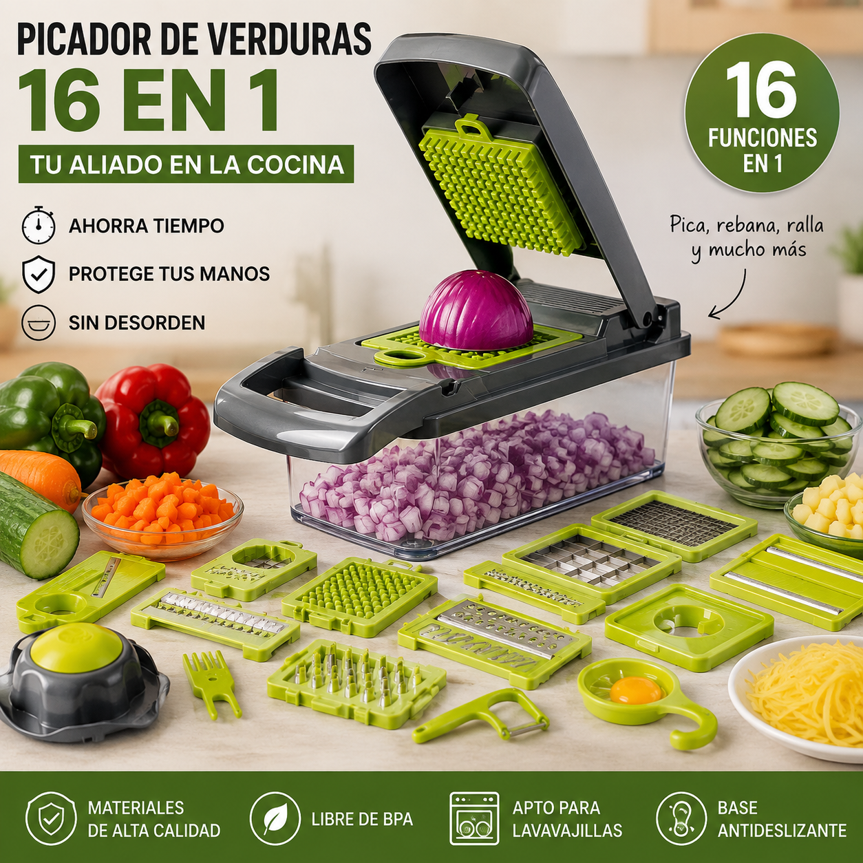 CortaFácil™ 16 en 1 - Corta, Rebana y Ralla en Segundos.